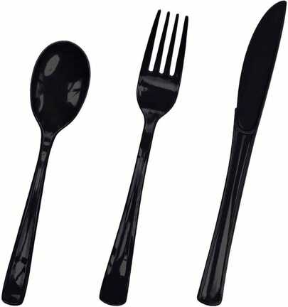 HEIPINIUYE 75 Pack Black Plastic Cutlery Heavy Duty Black Plastic Knives Forks And Spoons Disposable Silverware Set For 25 Guest Birthday Halloween Baby Shower Party Cutlery Set