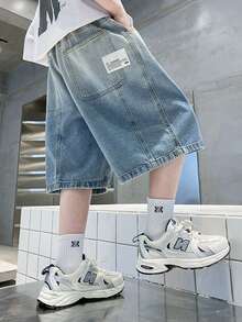 1pc Boys' Fashionable Ombre Shorts, Soft Washed Denim Fabric, Loose Fit, Embroidered Letter, Side Panel, Suitable For Teenagers For School, Weekends, Commute, Spring/Summer - Blue - View 11