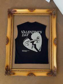 FRACTYR Men's Casual Street Fashion Heart & Letter Graphic Print Double-Sided Design Loose Fit Round Neck Short Sleeve T-Shirt, Summer - Black - View 5