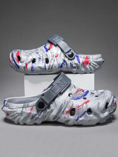 Men's Summer Graffiti Hollow Hook And Loop Breathable Anti-Slip Clogs Beach Holiday Outdoor EVA Slippers, Indoor & Outdoor