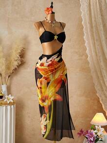 Bộ đồ bơi 3 mảnh dành cho nữ năm 2026, bộ bikini trang trí hoa kim loại gợi cảm và thời trang với áo khoác lưới in hoa retro thanh lịch, trang phục đi biển dành cho nữ, phong cách Bohemian, thích hợp cho bãi biển, kỳ nghỉ, lễ hội (Ngày Valentine, Lễ hội Carnival) và kỳ nghỉ hè. - Đen và cam - Xem 3