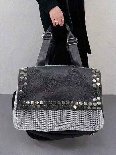 女士时尚Y2K网眼单肩包，大容量拼接铆钉复古斜挎包，多口袋都市街头风手提包，适合日常使用，是送礼佳品。新款女士手提包，女士礼物。