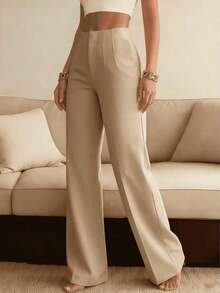 Women's Solid Color Wide Leg Business Pants, Straight Leg Casual Trousers, Versatile For Various Occasions And Commuting White Spring - 卡其色 - 查看 6