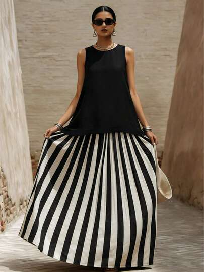 1 pieza Vestido casual holgado asimétrico de mujer con rayas y contraste de color, elegante negro de verano