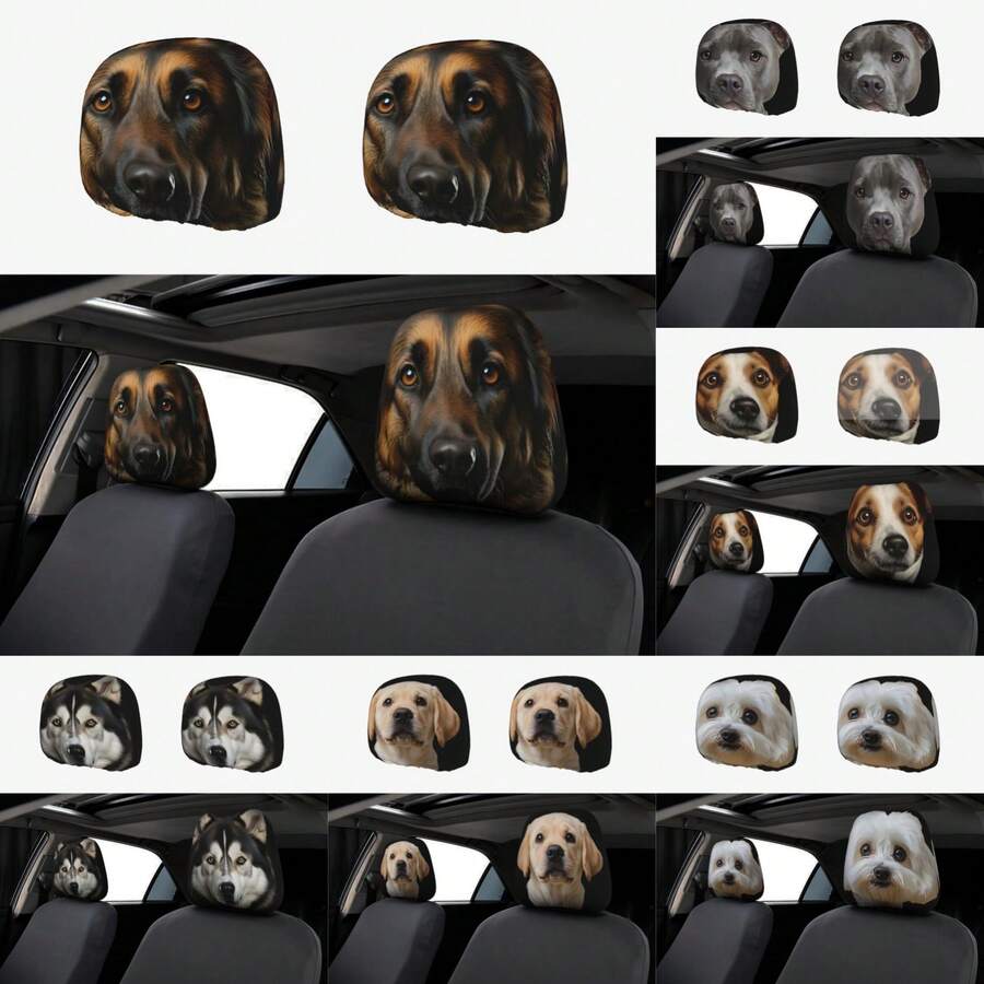 2pcs Sheepdog Print Car Headrest Covers - New Double-Sided Design Fits All Vehicles, Easy Installation - Funny Car Interior Decor For Male/Female Drivers/Passengers - Durable Fabric Headrest Protectors With Eye-Catching Print - Hat - View 1