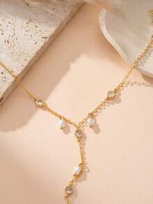 1pc Elegant Faux Pearl & Cubic Zirconia Finger Chain Bracelet, Suitable For Women's Daily Wear, Dates, Parties, Banquets, Holiday Gift - 黃金 - 查看 2