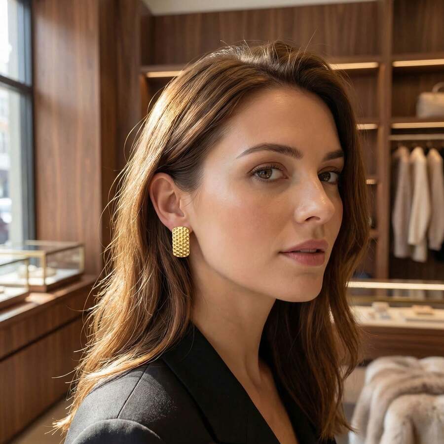 Pendientes rectangulares, con una textura dorada simple y patrones martillados, son adecuados para que las mujeres los usen tanto en la vida diaria como en fiestas