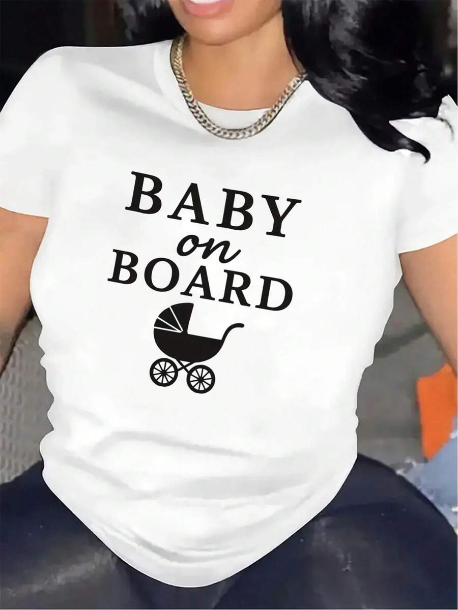 Camiseta de manga corta para mujer con diseño de barco y un estampado de cochecito, fabricada con material duradero, ofrece una sensación cómoda y ligera, perfecta para anunciar un embarazo y para usar en casa o al aire libre. - Blanco - Ver 1