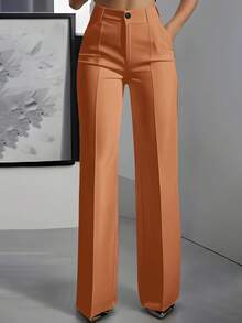 ZY Bekleidung einfarbige Knopf Reißverschluss Taille gerade Bein Anzugstoff gerade Bein Lässig Hose, Navy Blau, geeignet für täglichen Gebrauch, Pendeln, Büro Frühling - Orange - Übersicht 1