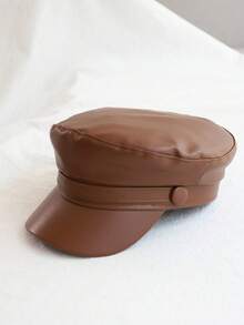 1顶女士黑色平顶贝雷帽，秋冬季百搭PU皮画家帽，南瓜帽 - 彩色 - 查看 5