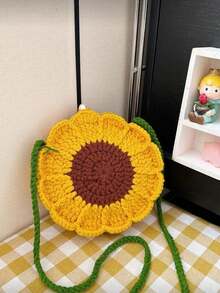 New Stylish And Versatile Yellow Small Sunflower Material Pack, Single-Shoulder Fresh And Cute Small Bag, New Sweet Girl Crossbody Handmade Woven Bag, Available In Multiple Colors, Small Sunflower Round Bag With Uneven Texture, Pearl Button Closure, Hollow Woven Design, Top Single Green Shoulder Strap, Cute Style, Can Be Worn As Single-Shoulder, Crossbody, Or Handbag, Suitable For Girls Going Out, Playing, Shopping, Etc. - Yellow - View 3