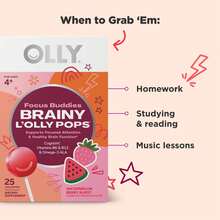 OLLY Focus Buddies L'OLLY Pops, Cognizin, Vitamins B6 And B12, Omega-3 ALA, Kids 4+ Dietary Supplement, Watermelon Strawberry Flavored, 25 Count - 25 Count - 查看 3