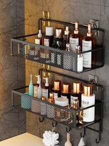 Iron Art Bathroom Shower Gel Rack, Wall-Mounted Long Bar With Hooks, No Drilling Required Kitchen Storage Organizer - Black - View 6