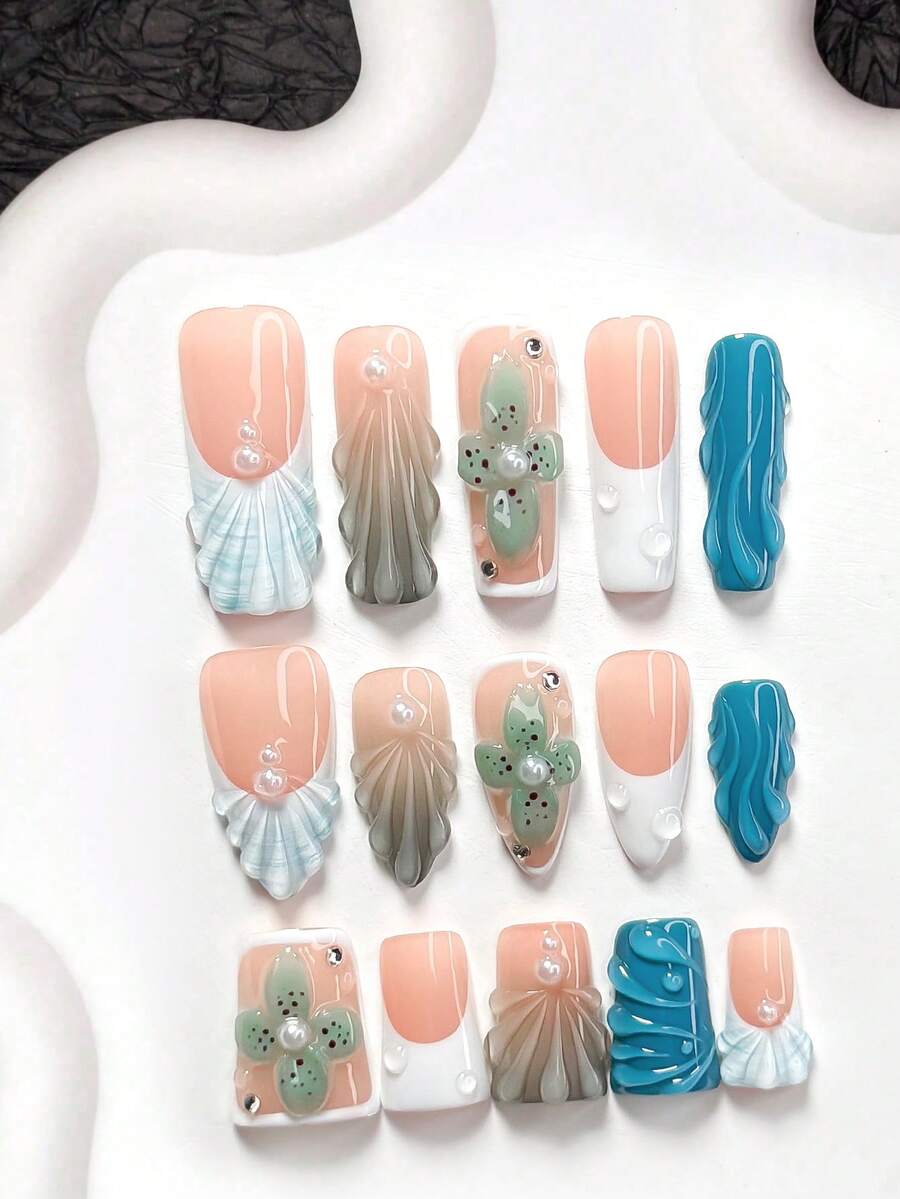 10件套手工美甲套装,梦幻深海风格,包含亚克力美甲贴纸、仿珍珠美甲配件、手工花瓣、深海图案美甲装饰、蓝绿色指甲油、法式美甲,以及美甲工具(1个果冻贴纸+1个指甲锉)。提供三种尺寸:杏仁形、鸭嘴形、棺材形。适合派对、日常佩戴、拍照、春夏通勤等场合。 - 彩色 - 查看 1