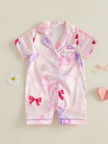Satin Footless Pajamas Fashionable Strawberry Printed Short Sleeve Button Down Romper - 淺粉色 - 查看 6