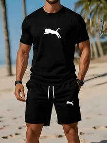 1pcMen's Fashionable Short-Sleeve Set: Summer Crew Neck Short-Sleeve T-Shirt + Casual Shorts, 2pcs Sportswear Set With Flying Leopard Pattern Heat Transfer Print, Breathable Short-Sleeve Top, Men's Casual Sportswear Set,  T-Shirt + Shortssummer Tops Summer Clothes - 黑色 - 查看 6