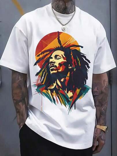 Men's Reggae Style Pattern T-Shirt-Bright Dreadlocks Character Print, Breathable Knitted Polyester Fabric, Summer Casual Short Sleeve Tops And Weekend Outing Essential |   Casual Style Shirt |   Machine Washable