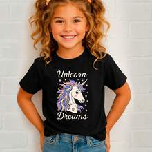 Unicorn Dreams T-Shirt For Girls, 100% Cotton, Designs, School, Outings And Everyday Wear, Short Sleeve, Spring/Summer/Pre-Teen - 黑色 - 查看 2
