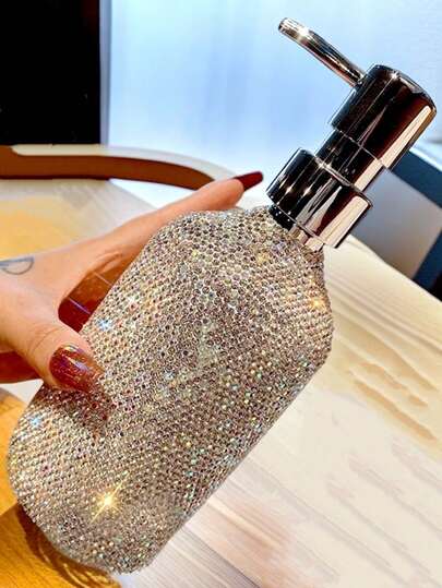 1pc 500ml Refillable Shiny Rhinestone Embellished Pump Bottle For Shampoo, Body Lotion, Travel Friendly Dispenser