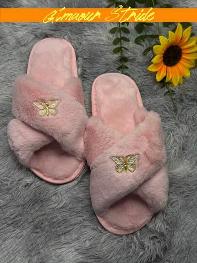 女士交叉绑带毛绒拖鞋，可爱粉色蝴蝶装饰露趾蓬松家居拖鞋，柔软毛绒室内鞋