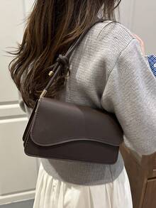 Fashionable Solid Color Asymmetrical Flap Vintage Minimalist Elegant Shoulder Bag - Coffee Brown - View 3