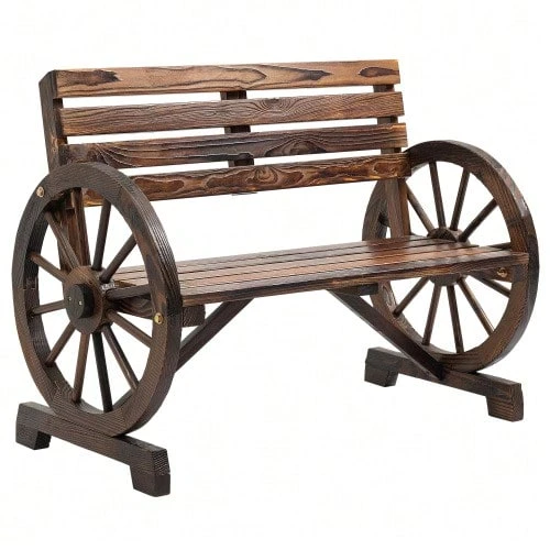 Two-Seater Garden Bench In Brown Fir Wood, Country Style, With Wagon Wheel Shaped Armrests. Dimensions: 105.5 X 56 X 79 Cm. - Brown - View 1