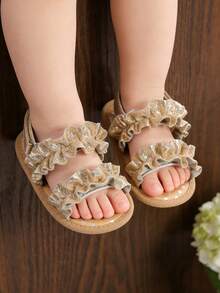 0-18 Months Infant Girls Glitter Ruffle Sandals | 2-Strap Infant Shoes | Non-Slip Soft Bottom Toddler Sandals, Suitable For Summer Beach And Special Occasions - Gold - View 6