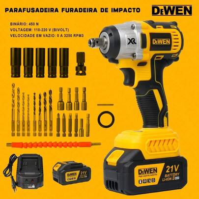 Chave de impacto sem escova 13MM Parafusadeira Chave De Impacto 2 Baterias 21v Motor Brushless 450nm DW115 DEWEN