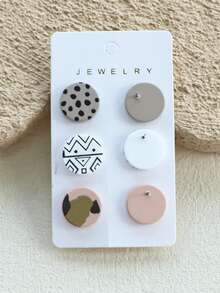 3 Pairs/1 Card Women's Dotted Abstract Symbol Print Ceramic Texture Cute Personalized Round Acrylic Earrings - Multicolor - View 8