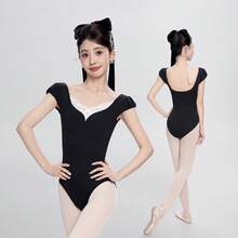 Daydance 1件女士芭蕾舞紧身衣，V领蕾丝拼接舞蹈紧身衣，成人芭蕾舞者紧身衣，带插角袖 - 黑色 - 查看 6