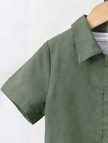 青少年男孩卡通印花衬衫和短裤休闲套装 - 綠色 - 查看 3