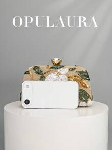OpulAura 1件复古花卉手提包，时尚亮片刺绣花朵链条单肩包，迷你盒形钱包，适合派对女孩、新娘、新婚夫妇和上班族女性，可用于派对、婚礼、工作、商务旅行、户外活动和通勤。 - 杏色 - 查看 5