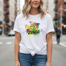 Women's Zumba Graphic Print Cotton T-Shirt, Short Sleeve Round Neck Casual Tee Top, Loose Fit Workout Activewear, S-5XL Plus Size, Colorful Splash Design, Comfortable Soft Fabric, Perfect For Gym Fitness Dance Exercise- Unisex Loose Cotton Short Sleeve Crew Neck T-Shirt - 白色 - 查看 1