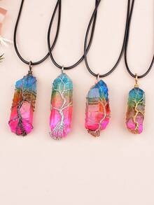 手工缠绕彩虹水晶柱生命之树吊坠项链，时尚简约饰品，独特个性化颈链 - 編織電鍍項鍊 - 查看 3