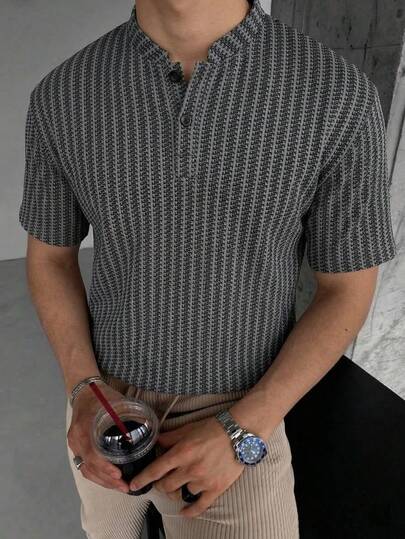 Áo thun cổ Henley kẻ sọc xám hiệu Blueprint Man, chất liệu vải dệt kim thoáng khí, chống nhăn, thoải mái và không bị xù lông, kiểu dáng công sở thường ngày đa năng dành cho nam giới, phù hợp mặc hàng ngày, đi làm, đi chơi, hẹn hò.