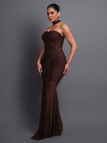 Elegant Strapless Pleated Mesh Evening Dress, Featuring Graceful Pleated Design And Alluring Sheer Skirt, Suitable For Romantic Dates, Upscale Galas, Fashion Photography, Art Events, And Stylish Soirees - Brown - View 7