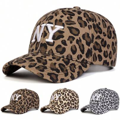 1顶女士纽约字母刺绣豹纹棒球帽，街头时尚休闲帽，适合春秋季户外、旅行、海滩穿着
