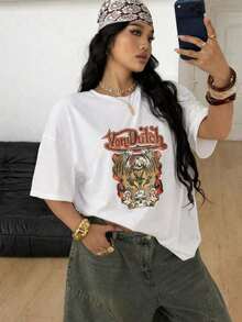 1pcs Ladies' Von-Dutchs Eagle Graphic Print Casual Streetwear Printed Elegant Short Sleeve T-Shirt Soft Comfortable Crew Neck Fashionable Print Suitable For Spring Summer Fall Versatile 100 Cotton Women's Casual T-Shirt Easy Matching Wardrobe Staple - 白色 - 查看 5