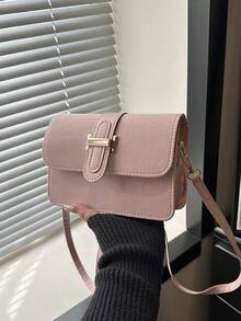 1pc Mini Solid Color Square Bag With Metal Buckle Decor, Suede-Like PU Adjustable Shoulder Strap, Flap Cover Fashion Women Crossbody Bag For Daily Use & Outing ,Pink Bag - Pink - View 9