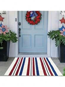 1pcs 4th Of July Patriotic Flannel Floor- Blue, White, And Red Striped Stars And Stripes Design, Durable Rustic Style Porch Decoration, Independence Day Summer Entryway Decoration, Easy To Clean - 紅白色 - 查看 8