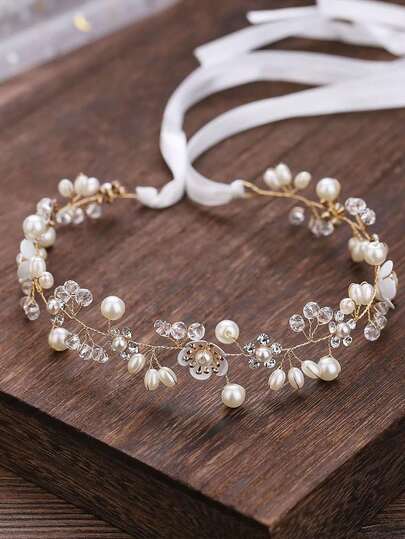 1件珍珠花朵水钻新娘头饰 - 金色调，优雅高端品质，适合新娘、伴娘、花童婚礼发饰