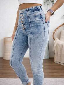 Woman High Waist Light Wash Skinny Jeans – Stretch Fit Butt-Lifting Button-Up Denim Pants - Blue - View 3