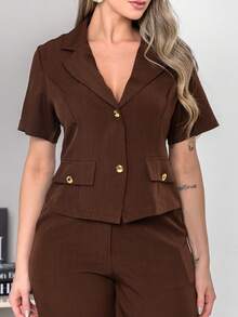 New Tailored Blouse And Wide-Leg Trousers Set With Working Buttons C6606 - Coffee Brown - View 5