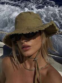 1 pieza Sombrero de cubo con cordón ajustable para mujer, diseño deshilachado, tela suave, protección solar y contra el viento, de moda, adecuado para viajes, playa, mar, ocio y uso diario - Multicolor - Ver 8