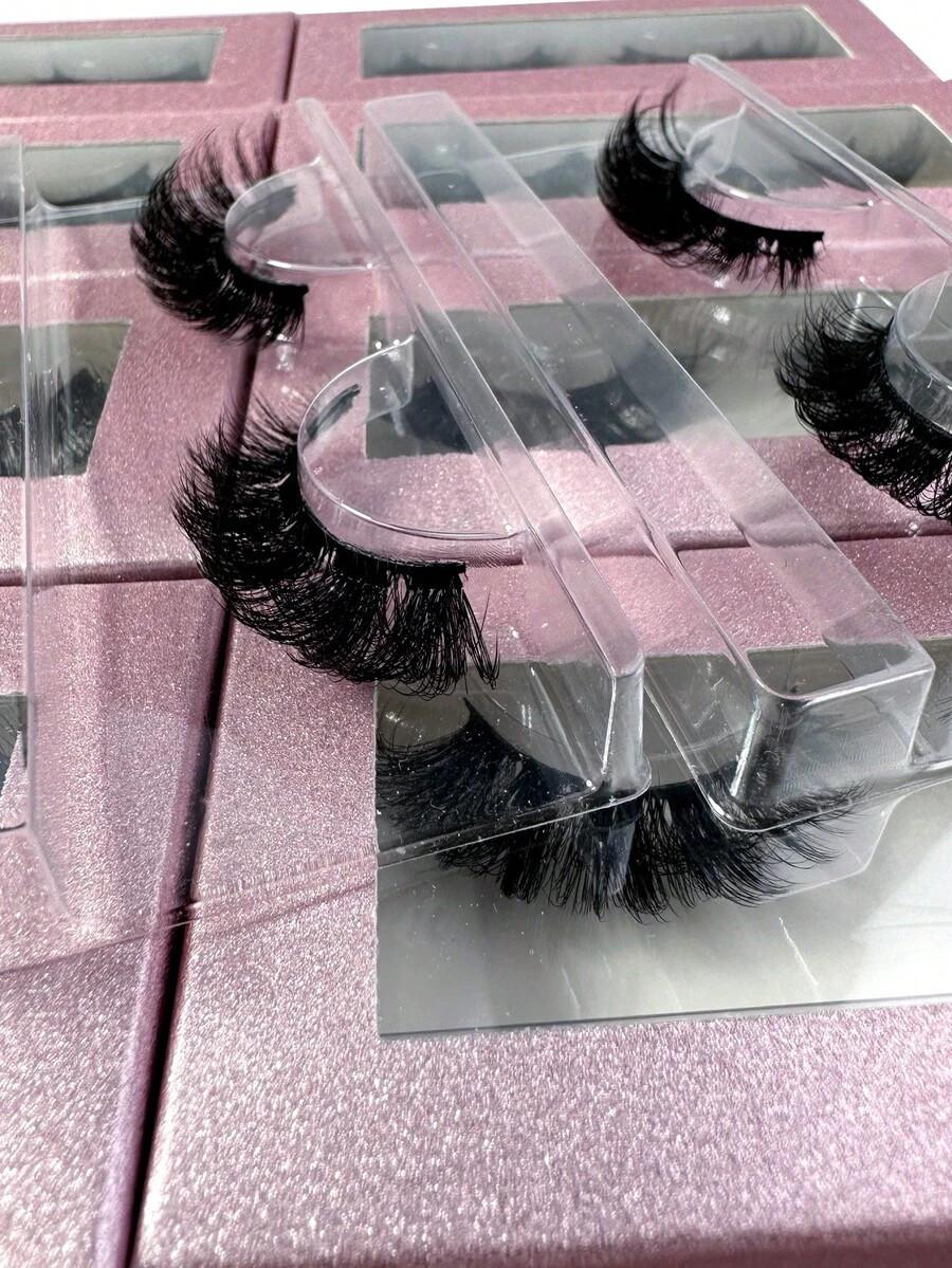 1对黑色D形仿貂毛粉色闪光纸板假睫毛套装，18毫米卷翘蓬松自然猫眼假睫毛，适合日常自然妆容