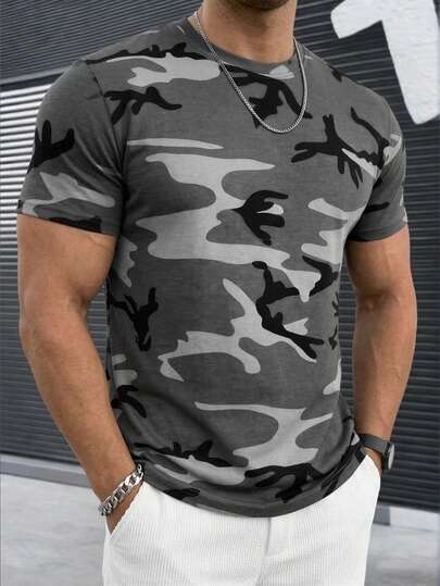 GRDR 1 pieza Camiseta de manga corta de cuello redondo minimalista y casual de camuflaje para hombre, cómoda y de moda