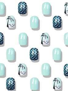 24pcs Cute Square Press On Fake Nails Blue Short Nail Coconut Tree And The Sea Fake Nails Women Summer Nails - Multicolor - View 2