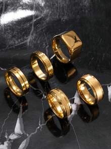 5件套时尚不锈钢镀金男士戒指套装，包含蛇皮哑光方形元素，适合男士日常佩戴、节日、约会等场合。 - 金色 - 查看 4