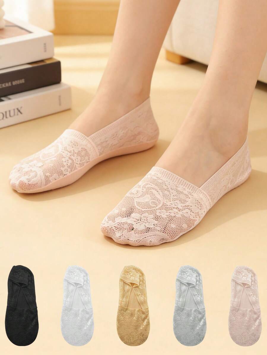 1/5/10 Pairs Of Summer Women's Daily Breathable Non Slip Thin Invisible Fashionable Hollow Lace Boat Socks