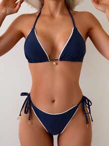 Swim Vcay 2pcs Women Sexy Lace Trim Triangle Bikini Set, Simple Strap Tie Up Halter Bikini Set For Summer Beach Vacation - Màu xanh hải quân - Xem 3